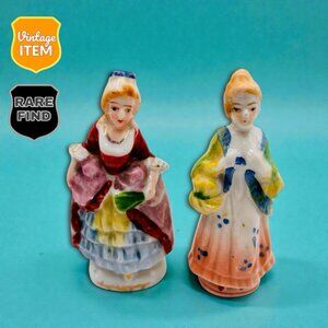 Occupied Japan Vintage Colonial Women 2 Piece Porcelain 3 Inch Figurines. RARE!